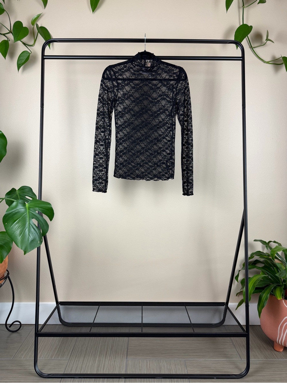 Urban Outfitters Black Sheer Lace Long-Sleeve Turtleneck